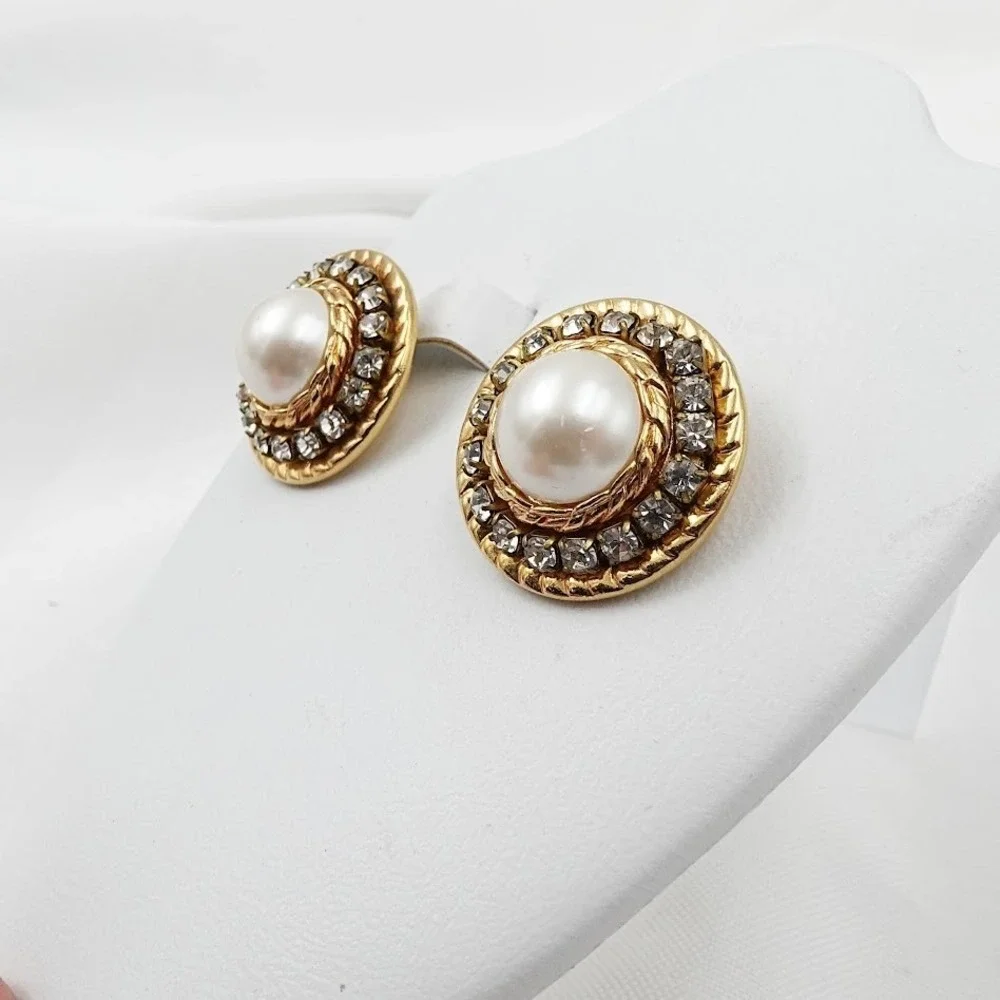 Vintage Rhinestone Halo Button Earrings Gold Tone Faux Pearl Dome Stud 80s Glam